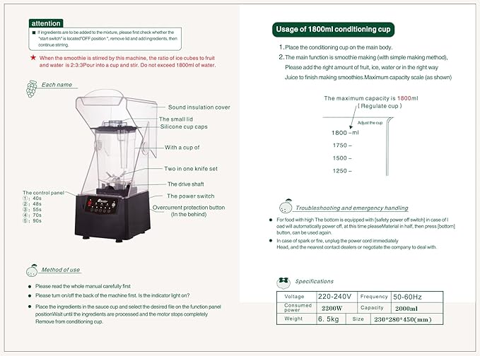 Black Smoothie Machine Speed Adjustable Milkshake Maker1.8L Smoothie Maker Commercial Food Processor with Noise Reduction Cover for Frozen Drinks Smoothies