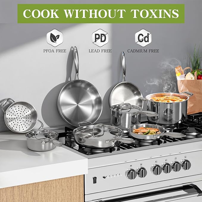 Triple Ply Stainless Steel Pots and Pans Set EWFEN 12 Piece Induction Cookware Set Oven Dishwasher Safe | Frying Pans Saucepans Saute Pan &amp Stock Pot PFOA Free Kitchen Skillet
