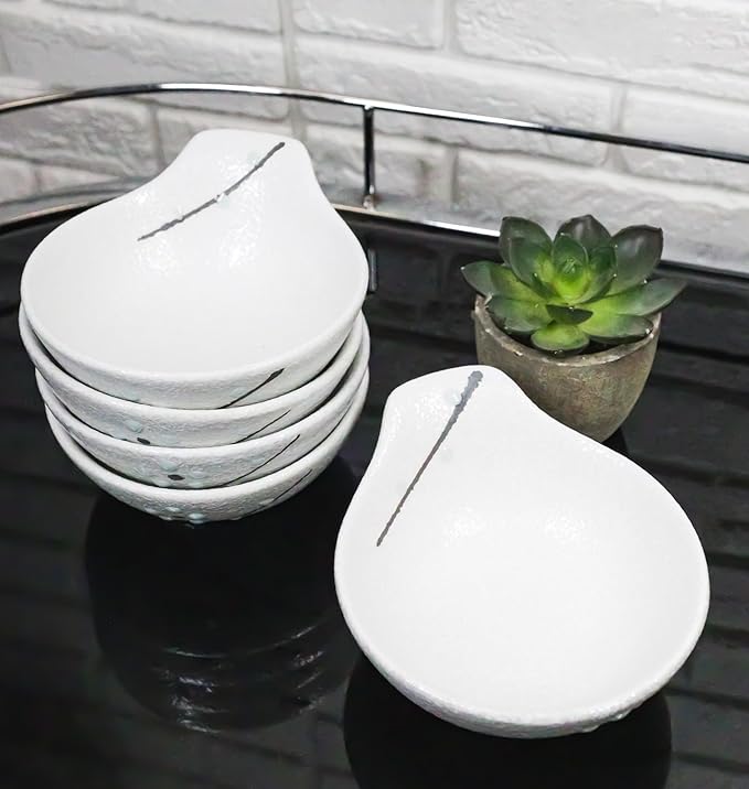 Ebros Gift Modern Yukino Hana Snow Flowers Ceramic Dinnerware Serveware Kitchenware Set Oriental Asian Restaurant Supply (Pack of 5 Soup Appetizer Dessert Sauce Shallow Bowls With Handle 5oz)