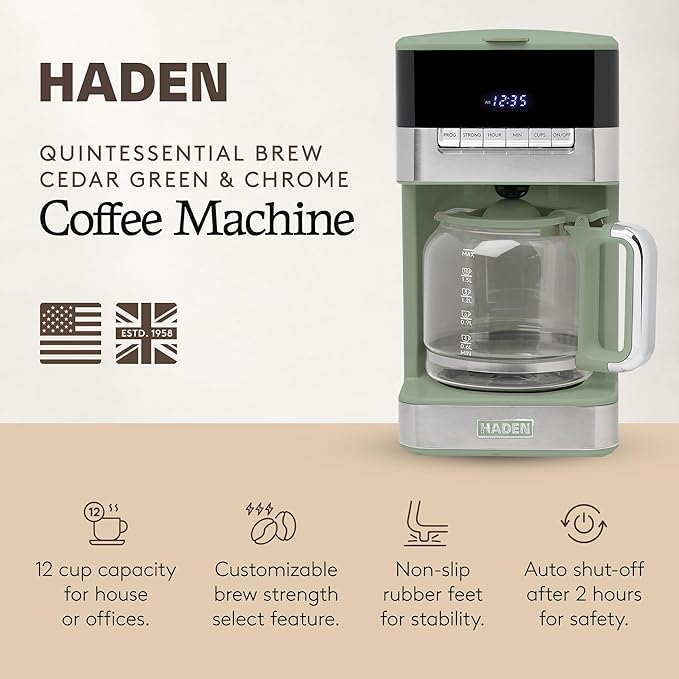 Haden Coffee Machine 12-Cup Programmable Drip Coffee Maker with Auto Shut-Off Function and Reusable Washable Water Filter Green &amp Chrome