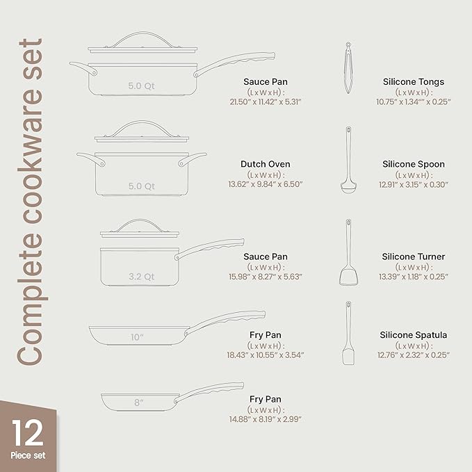 Bakken 12-Piece Aluminum Cookware Set with Ceramic Nonstick Coating PTFE &amp PFAS Free All Stovetop Safe Up To 500°F Pots and Pans Set with Lids Silicone Utensils Included Dishwasher Safe Blac