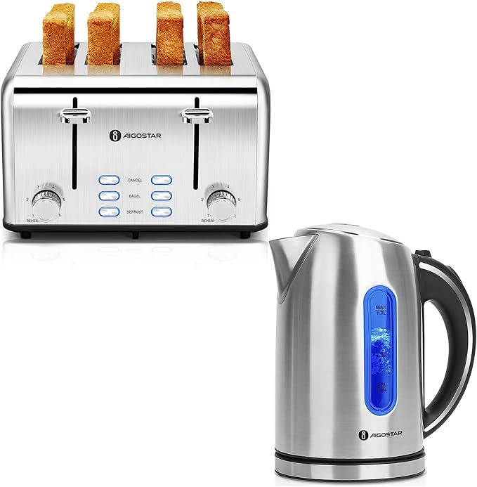 Aigostar Toaster 4 Slice 1.6 Wide Slot Stainless Steel Toasters with Bagel Reheat Cancel Defrost Function and Electric Kettle 1.7L Electric Tea Kettle with LED Illumination