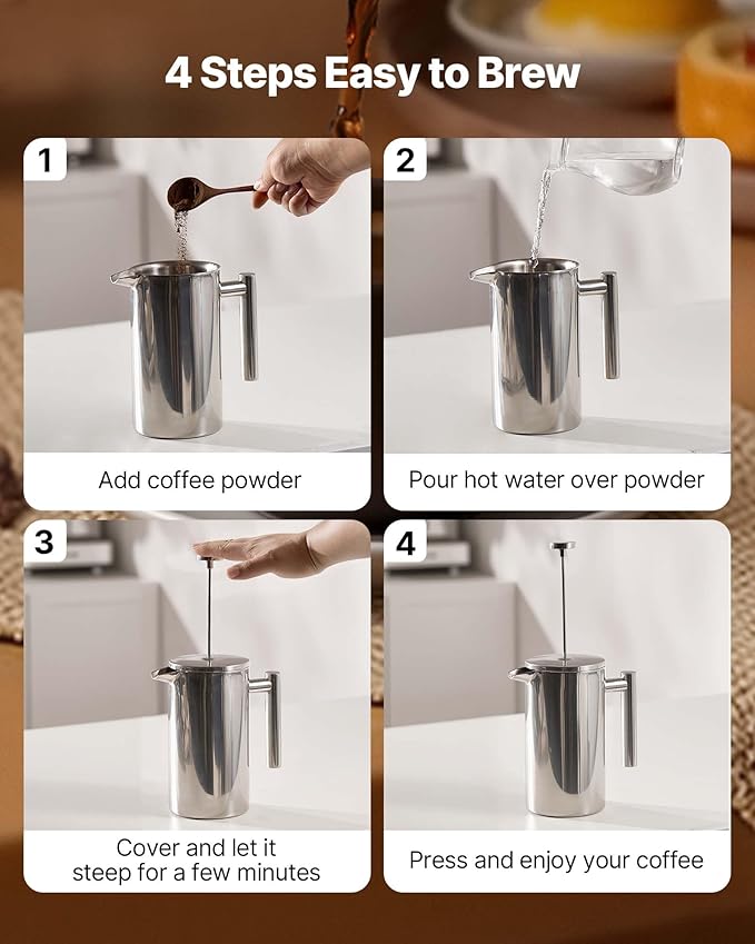 VEVOR French Press Coffee Maker 34 Ounce 1 Liter Stainless Steel Coffee Press Tea Maker with Filter Large Double Wall Insulated French Presses Cold Brew for Camping Travel Home Kitchen Silver