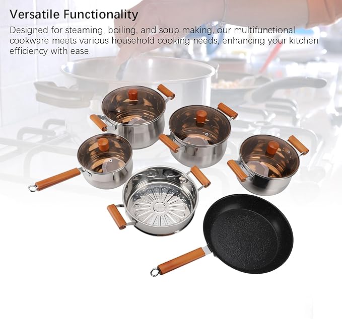 Stainless Steel Cookware Set 5 Ply Clad Wood Handle Pot Multifunctional Dual Handle Cookware Even Heat Distribution Oven