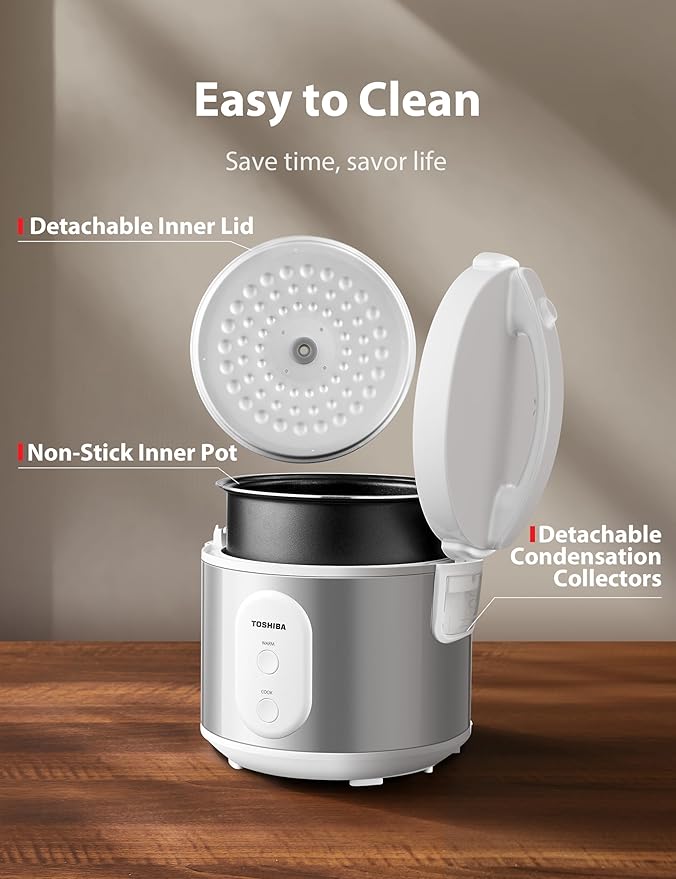 TOSHIBA Rice Cooker &amp Steamer Simple 5.5 Cup(Uncooked) with Steaming Basket Removable Non-Stick Inner Pot &amp Inner Lid for Soups Stews Grains&ampOatmeal One Touch&ampKeep Warm Function