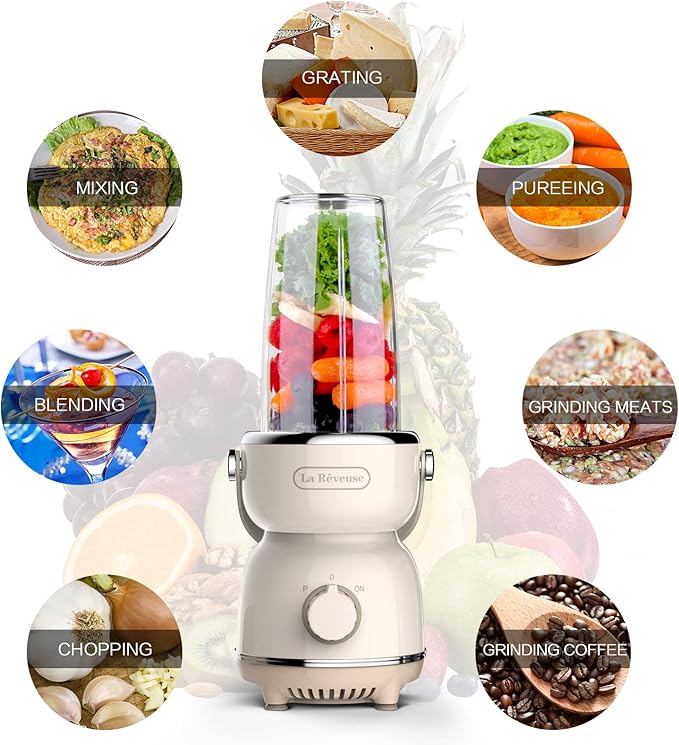 La Reveuse Personal Size Blender 300 Watts for Shakes Smoothies Seasonings Sauces with 17 oz Cup / 10 oz MugRetro Style