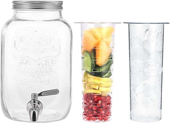 Navaris Glass Drink Dispenser with Spout - 4 L / 1 Gallon Mason Jar with Fruit &amp Ice Infuser - Beverage Fountain for Sweet Tea Punch Water Cocktail - Drinks Pitcher For Parties