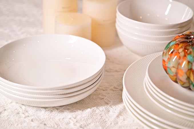 Dandilion Bone China Dinnerware Set 16 Pieces Service for 4 Plates Dishes Bowls Set Microwave and Dishwasher Safe Ivory White with Radial Lines
