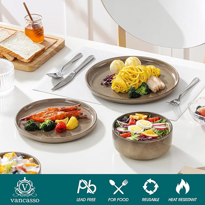 vancasso PLAYA Plates and Bowls Sets 24 Pieces Dark Brown Dinnerware Sets for Kitchen Reactive Glaze Dishes Set for 8 Dishwasher and Microwave Safe
