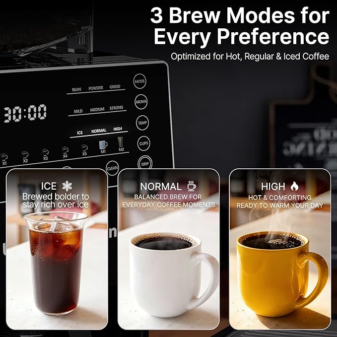 Coffee Maker with Grinder 22OZ Drip Coffee Maker with Glass Carafe and Removable Filter Programmable Hot and Cold Bean to Cup Coffee Machine with Timer Auto Shut Off