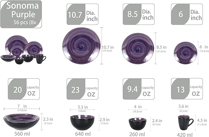 Stoneware Sonoma 56pc Dinnerware Set Black + Speckled Spin Wash Purple