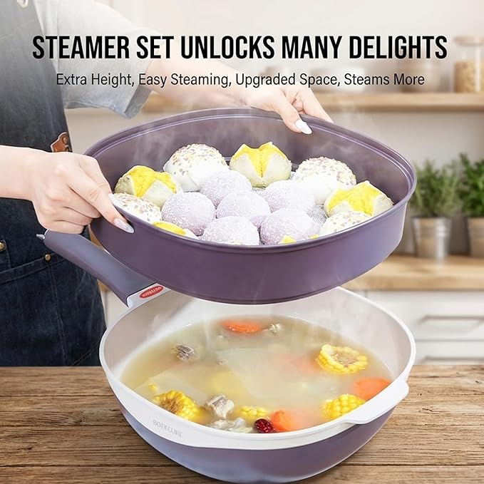 12 Inch Titanium Alloy Non Stick Pot With Lid With Steamer Non Stick Frying Pan Set With Lids For Cooking Nonstick Frying Cookware Sets Deep Saute Pan (Purple)