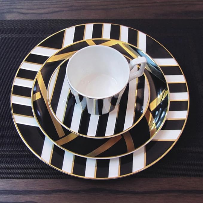 Black and white light luxury fashion Dinnerware Set Service for 4New Home Celebration Bone China Dinnerware SetsSteak Dinner Plates Dish Set (16Pcs)Freezer Safe Elegant Dining Plates VMK6