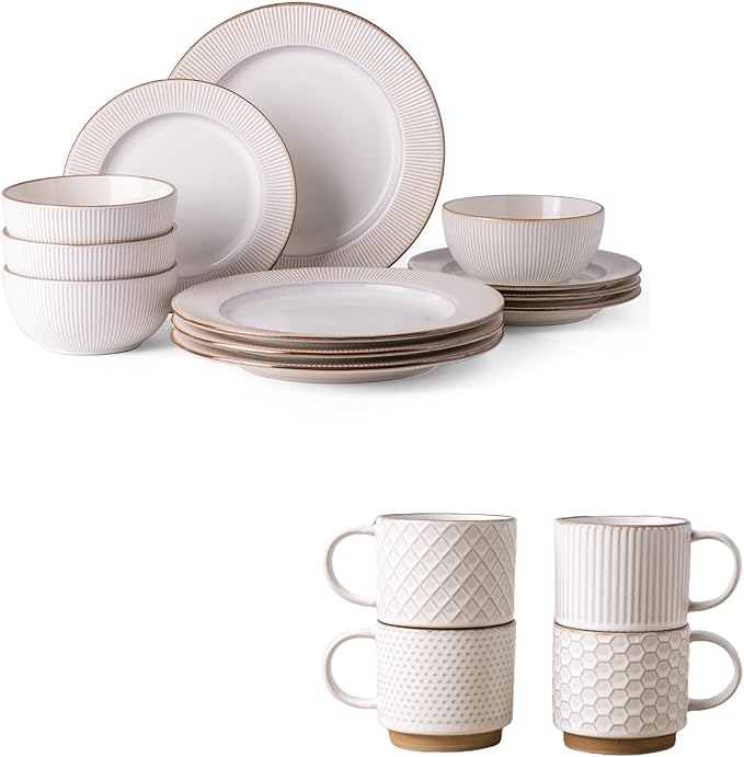 GBHOME Dinnerware Sets and Coffee Mugs Embossed Elegant Stoneware Plates and Bowls Sets Housewarming Wedding Gift | Dishwasher &amp Microwave Safe | Dishes Set Service for 6