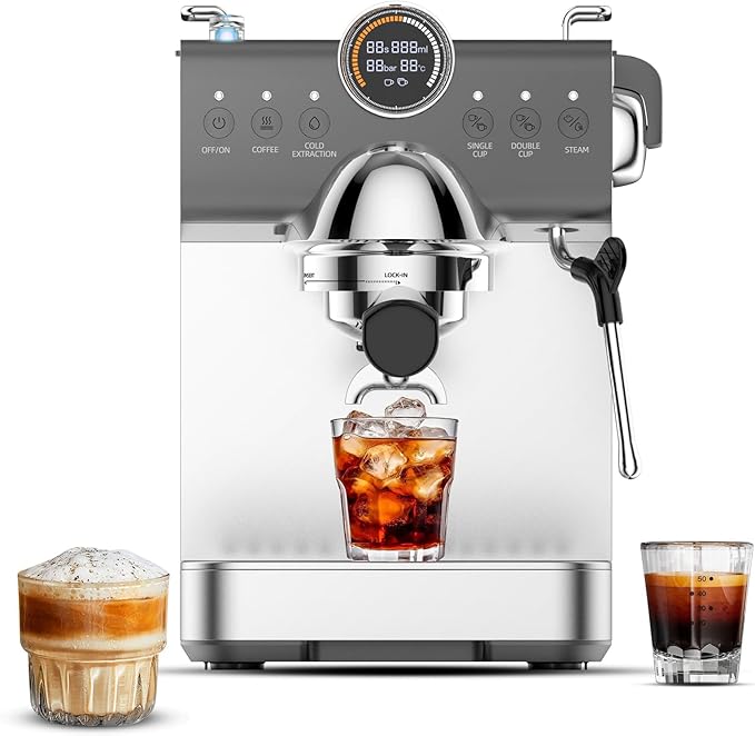 Mcilpoog Espresso Machine 20 BarCompact Coffee Maker with Steam Milk Frother&ampIced CoffeeBarista Cappuccino Latte Machine with LCD DisplayGift for Coffee Lover
