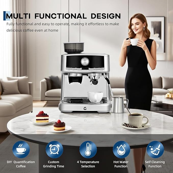 20 Bar Pressure Stainless Steel Espresso Machine with Grinder 1.5l Removable Water Tank Milk Frother Steam Wand for Latte and Cappuccino Adjustable Shot VolumeSilver