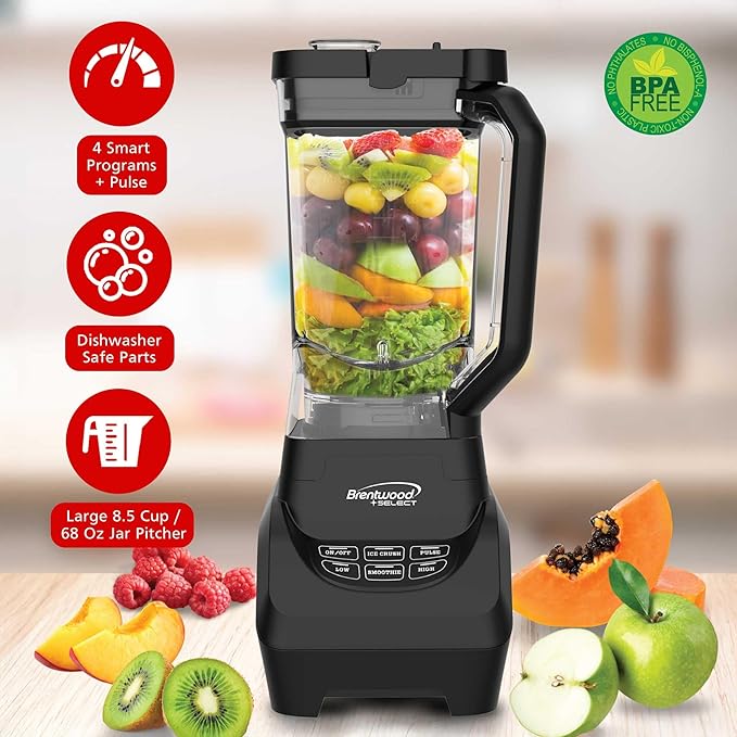 Brentwood Select JBS-1000BK Professional Smart Blender with 1000w Ice Crushing Power Large 8.5-Cup Plastic Jar Stainless Steel Blades Non-Slip Base Dishwasher-Safe Parts Black