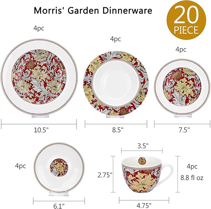 STP Porcelain J-217528 Dinnerware Set for 4 Morris' Garden Bone China Porcelain Dinner Plates Bowls Dessert Plates Cups with Saucer 20 pcs
