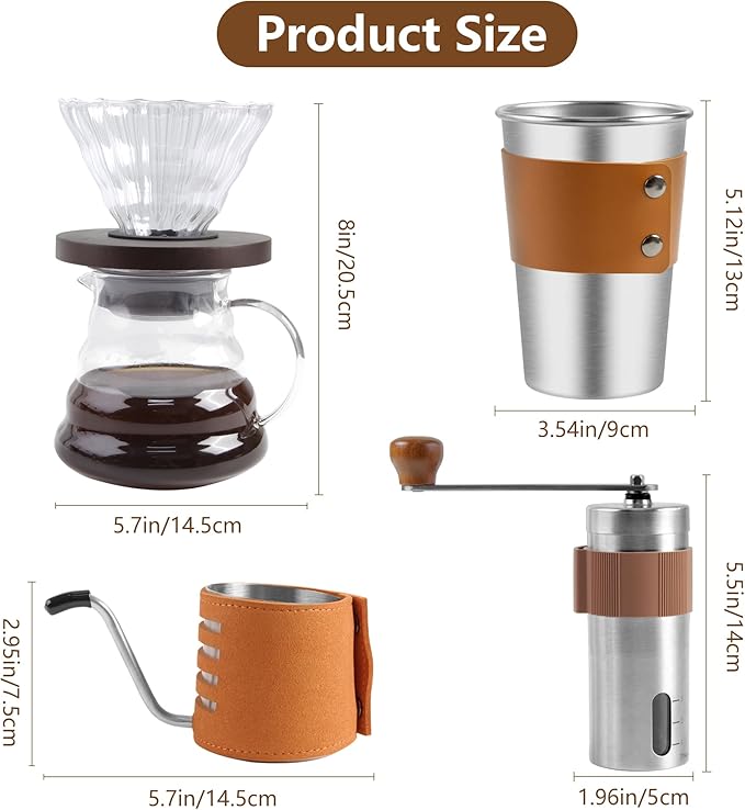 LHS Pour Over Coffee Maker Set - All in One Pour Over Coffee Kit Travel Pour Over Coffee Dripper Manual Coffee Maker Set Grinder Brewer Dripper and Cup Set Anniversary Birthday Gift Sets