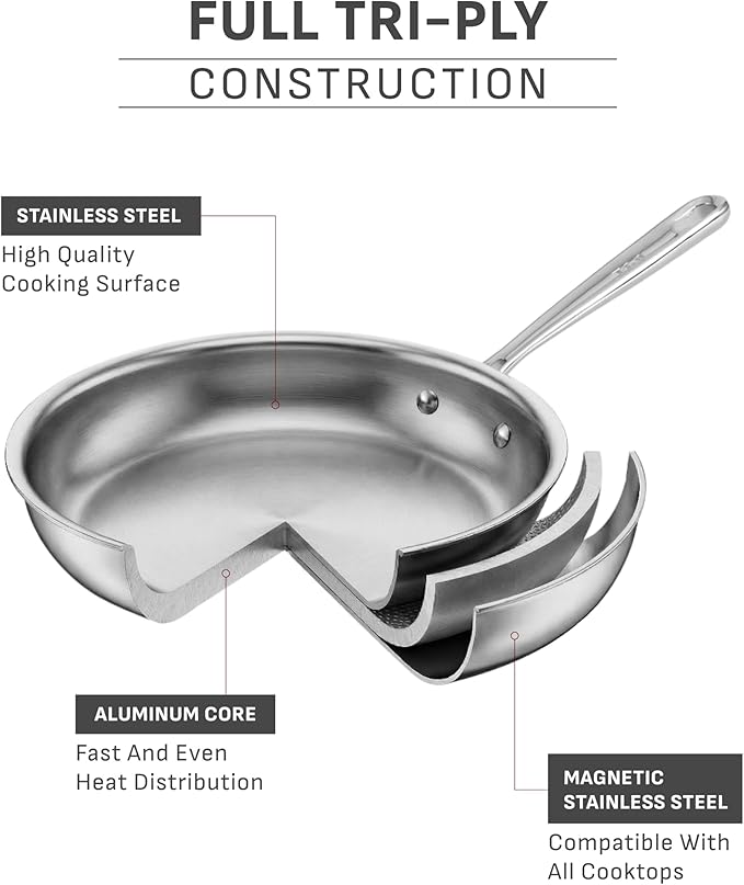 T-fal Pro Tri-Ply Stainless Steel Cookware Set 10 Piece-Induction Compatible Oven Safe 500F Lids-350F Even Heat Professional Quality Durable Induction Pots and Pans Set Silver