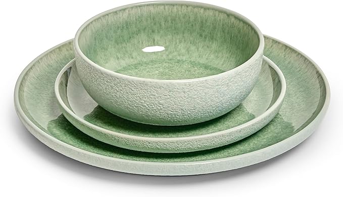 Sango 12-Piece Stoneware Dinnerware Set for 4 Green Ceramic Plates and Bowls Sets Modern Dish Set with Reactive Glaze Durable Kitchen Dishes for Casual Dining Microwave &amp Dishwasher Safe Ashe