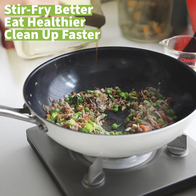 TeChef Collection | Ceramic Nonstick Flat Bottom Wok Stir Fry Pan Nontoxic - Free of PFAS PFOA PTFE (Wok 12)