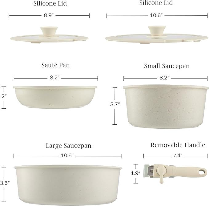 8-Piece Pots and Pans Set - Nonstick Cookware Set with Detachable Handle Lids Spatula and Steam Pan - Kitchen Essentials by Home-Complete (Cream)