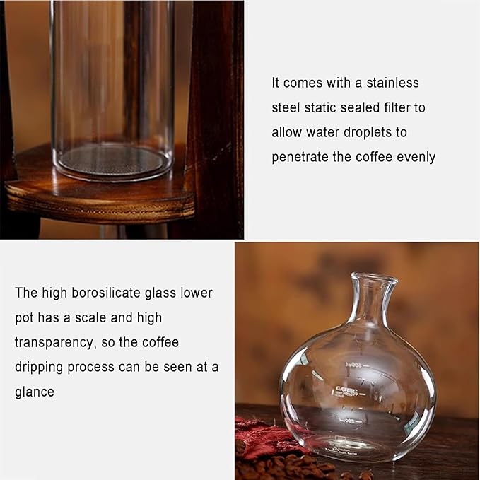 Cold Brew Coffee Maker with Double Valve &amp Slow Drip Technology 600mL Large Capacity Drip Tower Premium Iced Coffee Maker Wooden Stand for Home Office Bar