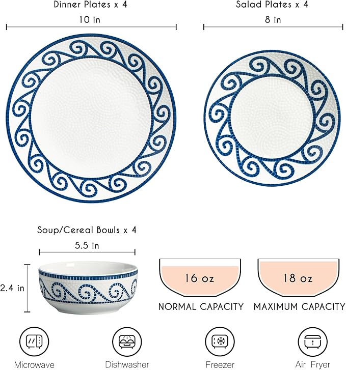 12-Piece Dinnerware Set for 4 Stoneware Kitchen Plates &amp Bowls Set Coastal Dinnerware Sets Microwave &amp Dishwasher Safe Scratch Resistant Vintage Dishware Set for Everyday Use &amp Family