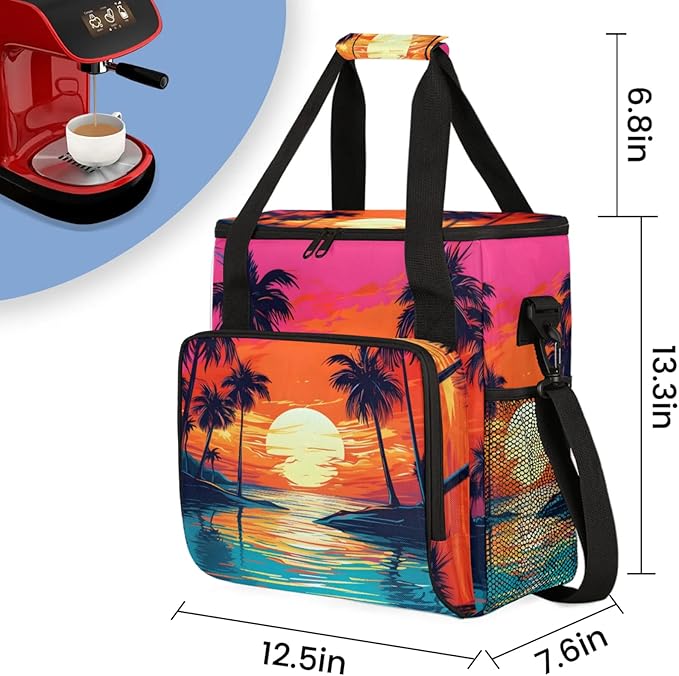 Coconut Tree Sunset Coffee Maker Travel Bag for Keurig K-Mini/K-Mini Plus Insulated Waterproof Tote with Pockets for K-Cup Portable Single-Serve Brewer Case