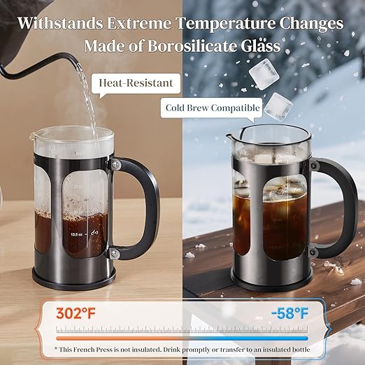 Veken French Press Coffee Maker 34oz No Plastic Touching CafeThickened Glass Stainless Steel Brewer Cold Brew Cafetera Tea pot for Kitchen Travel Camping Gifts Decor Bar Accessories Dark Pewter