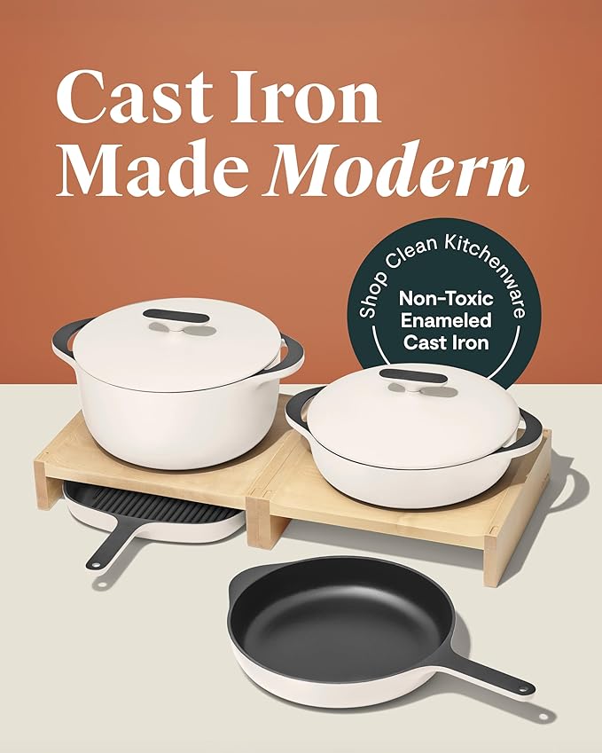 Caraway 8-Piece Enameled Cast Iron Set - 10.5” Skillet Grill Pan 3.5 qt Braiser Pan 6.5 qt Dutch Oven with Lid and Organizers - Non-Toxic 3-Layer Enamel Coating - No Seasoning Required - Cream