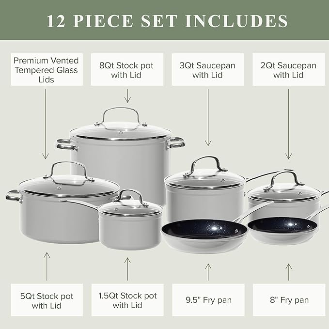 Nuwave Healthy Duralon Blue Ceramic Nonstick Cookware Set Diamond Infused Scratch-Resistant PFAS Free Dishwasher &amp Oven Safe Induction Ready &amp Evenly Heats Tempered Glass Lids &amp Stay-