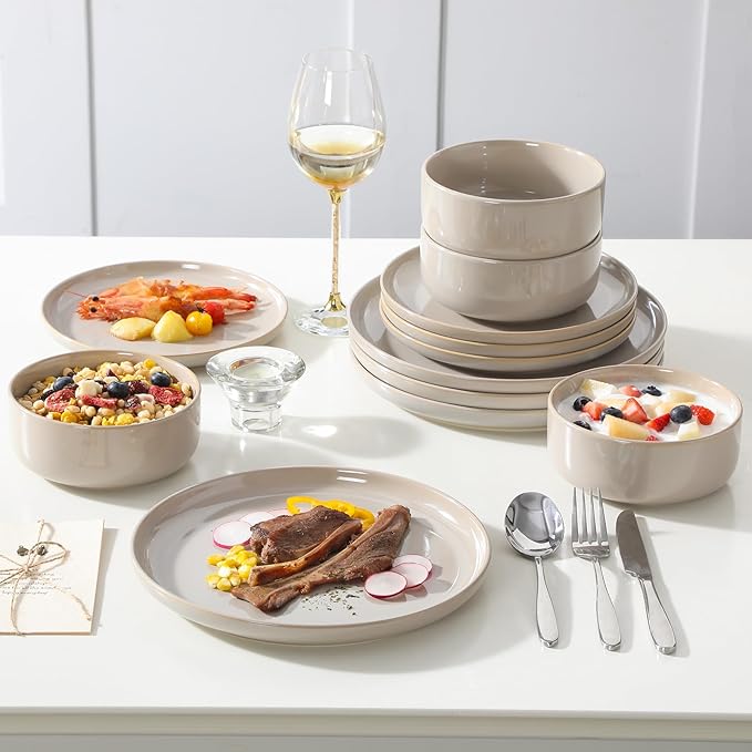 vancasso PLAYA Ceramic Plates and Bowls Sets24 Pieces Grey Dinnerware Sets for KitchenReactive Glaze Dishes Set for 8 Dishwasher and Microwave Safe