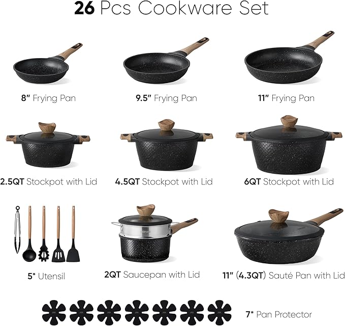 CAROTE 26PCS Pots and Pans Set Non Stick Cookware Set Pots and Pans Induction Cook Ware Nonstick Kitchen Cooking PFOA Free Black