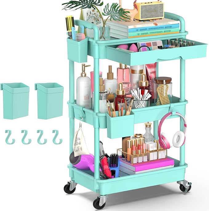 Goovilla 3 Tier Rolling Utility Cart Organizer with Removable Drawer Stable and Sturdy Blue Rolling Storage Carts with 2 Lockable Wheels for Bathroom Kitchen Snack Craft Makeup Baby Essentials