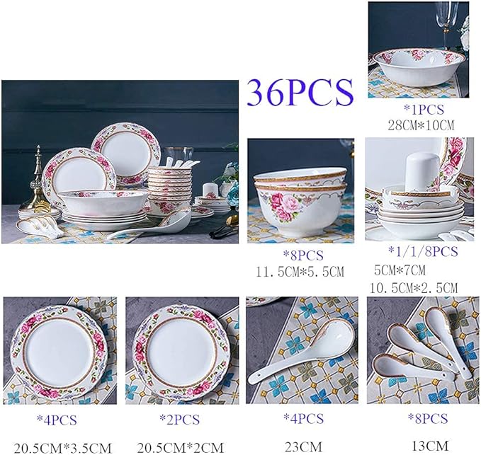 Flower Bone China Tableware Set Porcelain Dishes/Plate/Bowl Dinnerware SetCeramic Dinner SetsFine Dinnerware SetsDishwasher &amp Microwave Safe (36pcs Service for 8