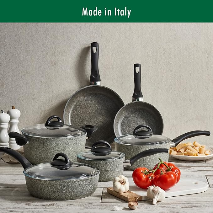BALLARINI Parma by HENCKELS 10-pc Nonstick Pot and Pan Set Made in Italy Set includes fry pans saucepans sauté pan and Dutch oven with lidGray