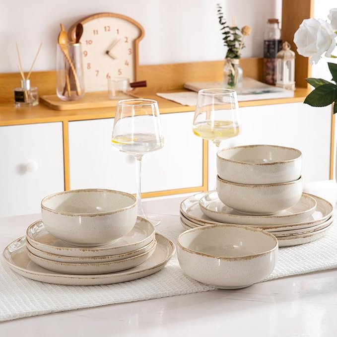 AmorArc Ceramic Dinnerware Sets Wavy Rim Stoneware Plates and Bowls Sets Highly Scratch Resistant | Dishwasher &amp Microwave Dishes set Service for 4 (12pc)-Speckled Cappuccino)