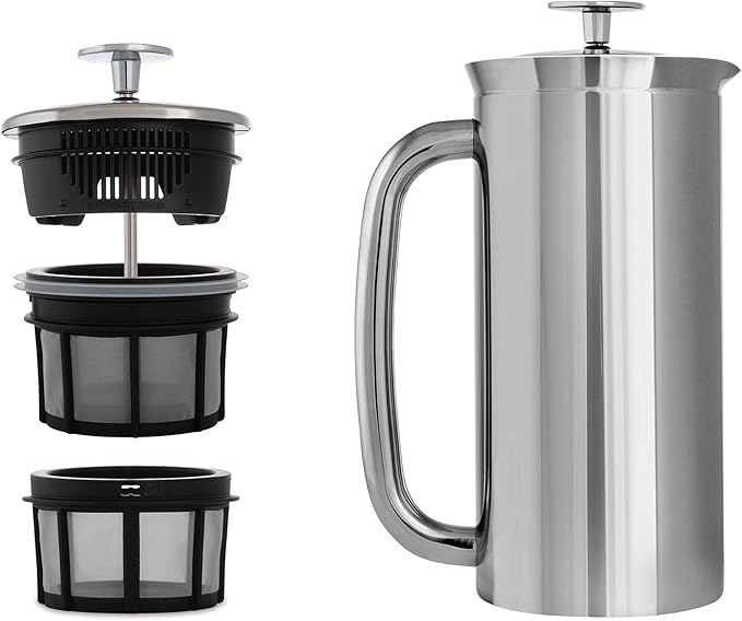 ESPRO - P7 French Press - Double Walled Stainless Steel Insulated Coffee and Tea Maker with Micro-Filter - Keep Drinks Hotter for Longer (Polished Stainless Steel 18 Oz) Cleaning Powder
