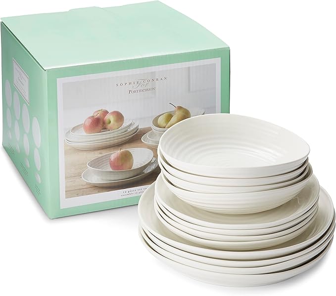 Portmeirion Sophie Conran 12 Piece Coupe Dinnerware Set - Dinner Plates Side Plates &amp Bowls Porcelain Kitchen Tableware for Everyday Dining &amp Entertaining - Durable &amp Dishwasher Safe