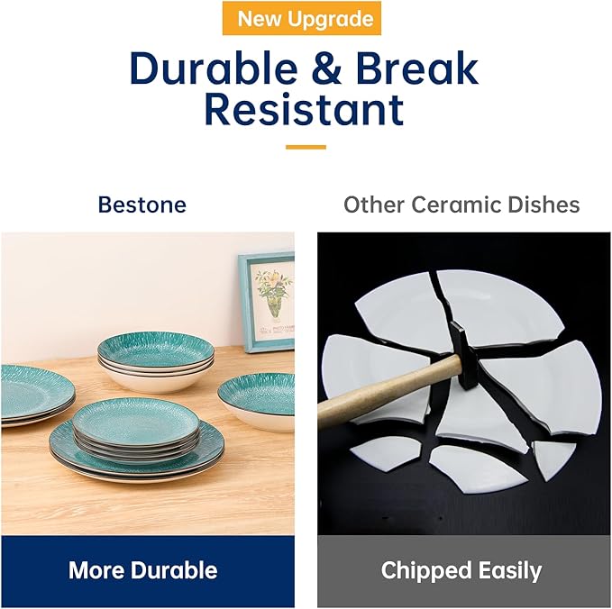 Bestone 12-Piece Round Porcelain Dinnerware Set Service for 4 Chip Resistant Plates and BowlsGreen Dishwasher &amp Microwave Safe for Home Daily Use