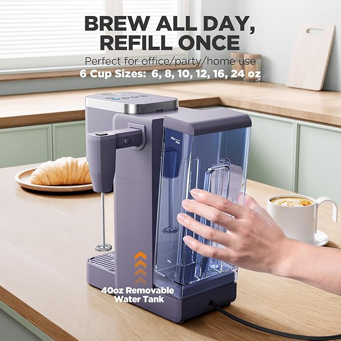 Single Serve Coffee Maker with Built-in Detachable Milk Frother Iced and Hot Coffee Machine for K Cup &amp Grounds 40oz Removable Water Reservoir 6 Cup Sizes Fits 7.3 Travel Mug Purple