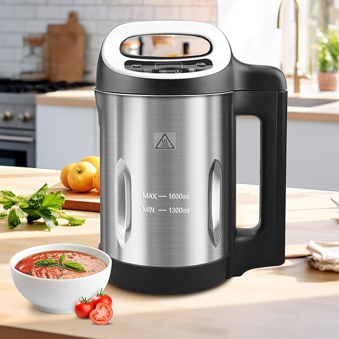 Homtone 1.6L Soup Maker Stainless Steel Soup Making Machine with Smooth &amp Chunky Settings Anti-Dry Burn Overfill Sensors Self-Cleaning Mode for Quick Soups Baby Food