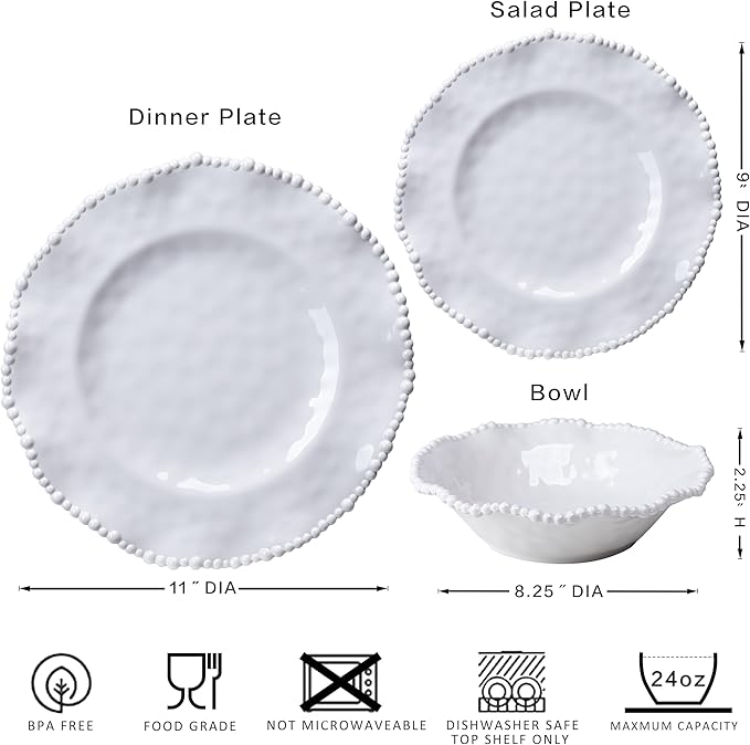 Cream 12pcs Beaded 100% Melamine Dinnerware Set Elegant Scalloped Edge Durable &amp Shatterproof Outdoor Dining SetUnbreakable Plates &amp Bowls Set for Indoor/Outdoor Use Dishwasher Safe