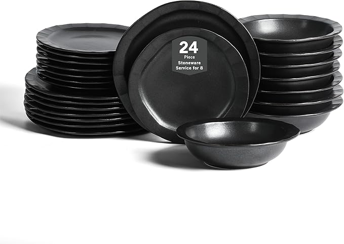 Stone Lain Oasis Stoneware 24 Piece Dinnerware Set Home Kitchen Dish Set with Dinner Plates Salad Plates &amp Bowls - Service for 8 Black
