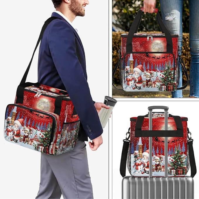 Merry Christmas Snow Scene Santa Coffee Maker Carring Bag Travel Carrying Storage Tote Bag Compatible with Keurig K-Mini or K-Mini Plus Portable Single Serve Coffee Brewer Case with Pockets