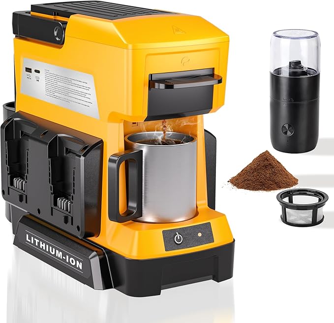 Taingwei Cordless Coffee Maker for Dewalt 20V Battery Portable Drip Coffee Maker with Electric Coffee Grinder for RV Camping Travel Car Hiking (Battery Not Included)