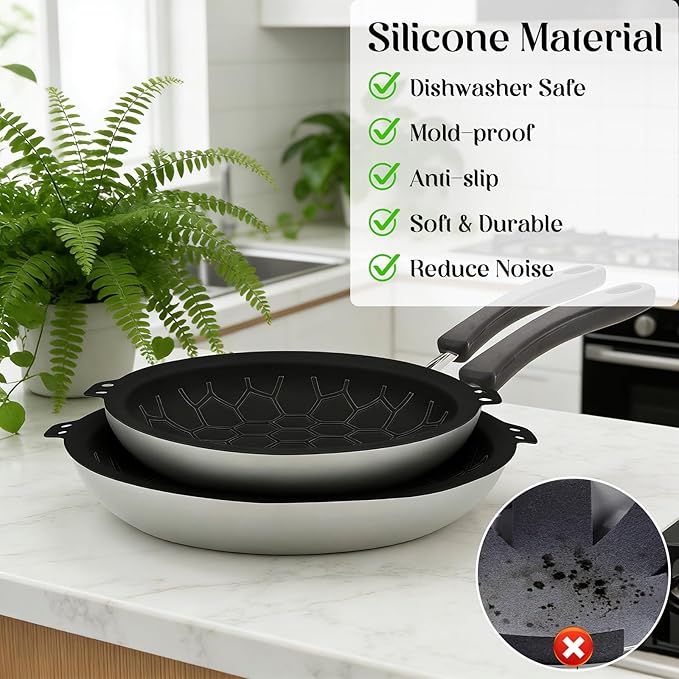 3 Piece Set Silicone Pan Protectors (Includes 81012) Pan Separators for Stacking Compatible with Hexclad Tfal All-Clad Nonstick Frying Pans and More Cookware Protector Dishwasher Safe Black