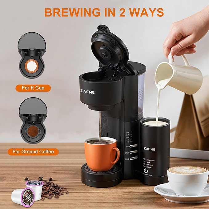 ZACME Single Serve Coffee Maker with Milk Frother Coffee Machine with Brewing &amp Frothing System 28oz Water Tank Adjustable Brew Strength Quick Brew Self-Cleaning